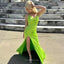 Elegant Spaghetti Straps V-neck Mermaid Side Slit Lime Green Satin Bridesmaid Dresses Online, BG476