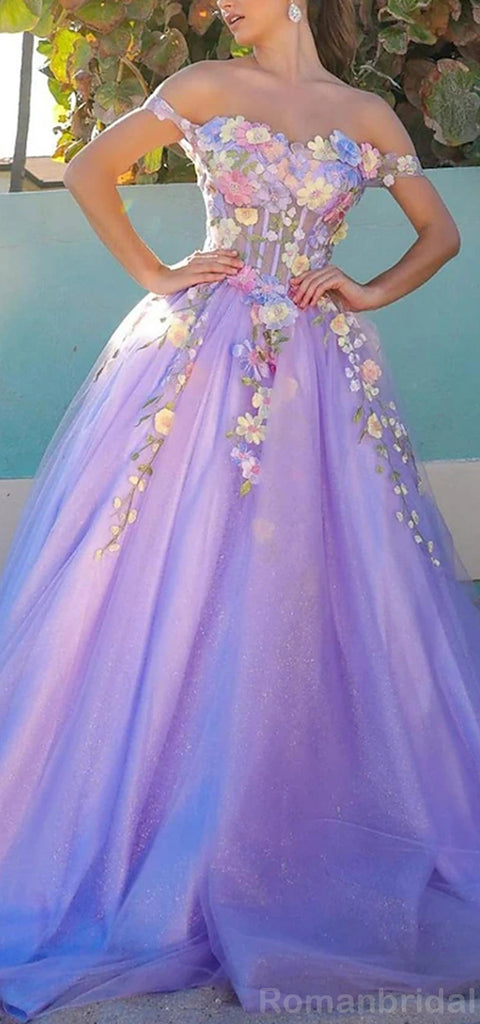 Gorgeous Flower Off the Shoulder A-line Tulle Long Evening Prom Dress Online, OL198