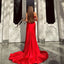 Elegant V-neck Mermaid Side Slit Satin Red Long Bridesmaid Dresses Online, BG815