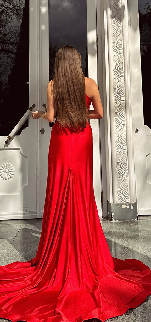 Elegant V-neck Mermaid Side Slit Satin Red Long Bridesmaid Dresses Online, BG815