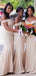 Elegant Off the Shoulder Mermaid Champagne Long Satin Bridesmaid Dresses, BG537