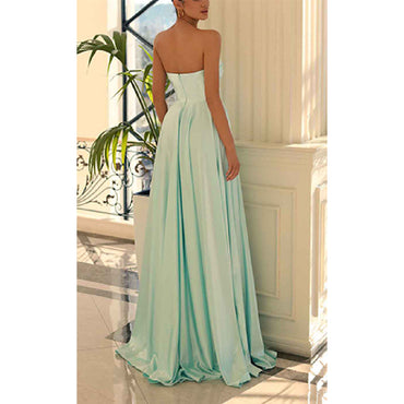 Elegant V-neck A-line Side Slit Satin Long Bridesmaid Dresses Online, BG660