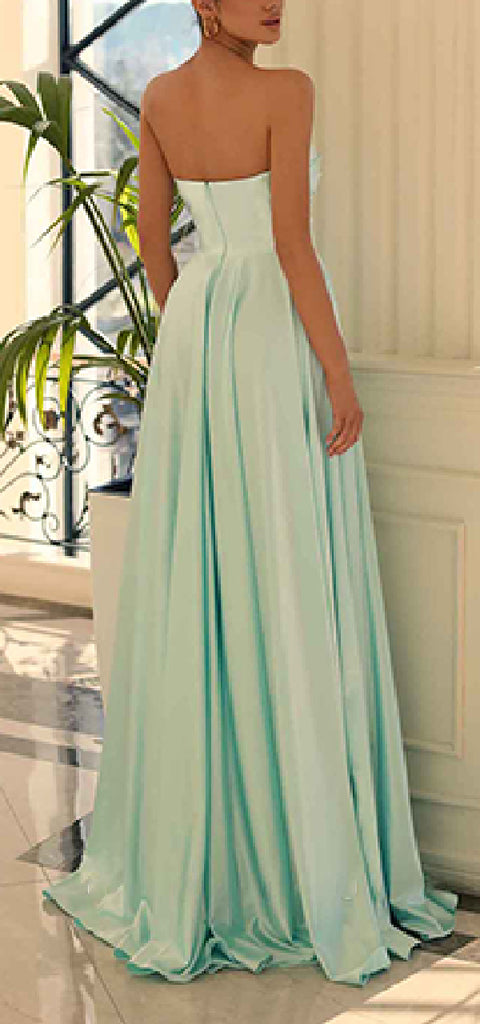 Elegant V-neck A-line Side Slit Satin Long Bridesmaid Dresses Online, BG660