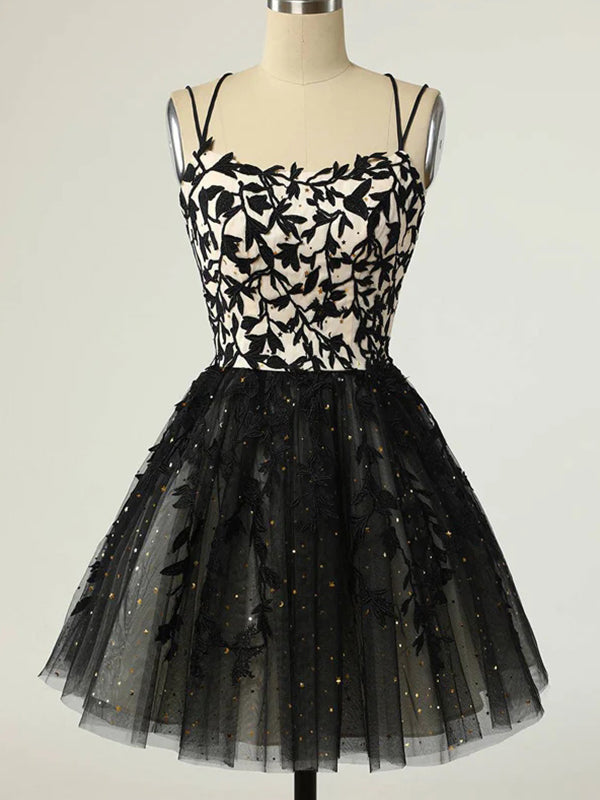 Elegant Spaghetti Straps A-line Tulle Black Short Homecoming Dresses Online, HD0715