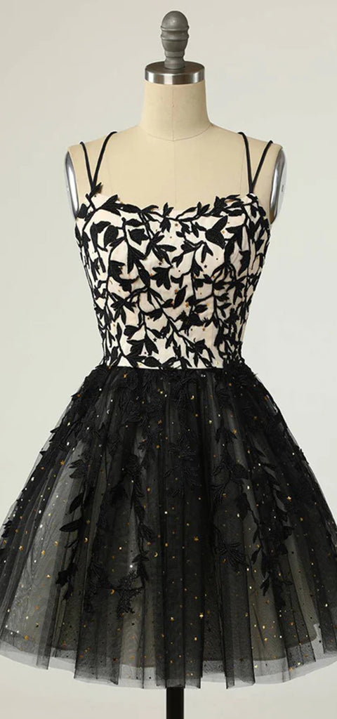 Elegant Spaghetti Straps A-line Tulle Black Short Homecoming Dresses Online, HD0715