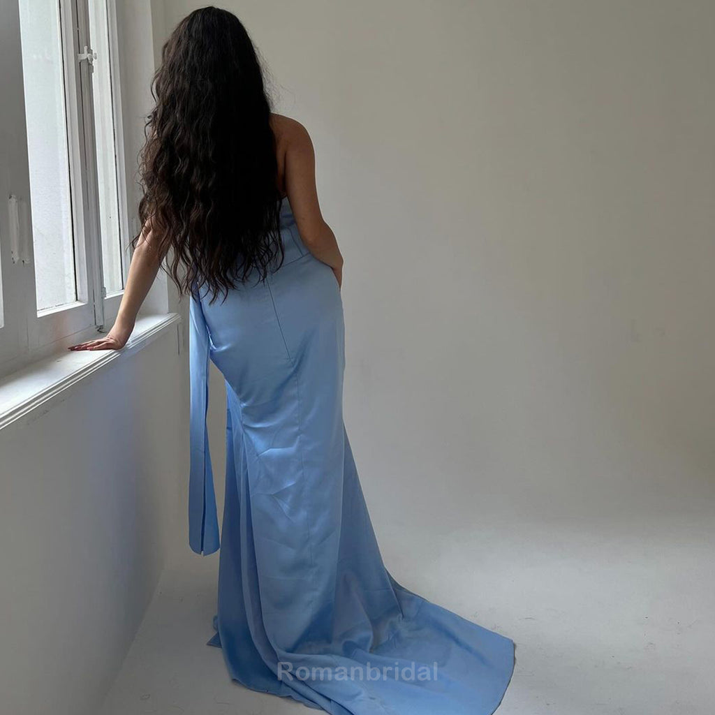 Elegant Sweetheart Mermaid Side Slit Sky-Blue Satin Bridesmaid Dresses Online, BG456