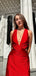 Elegant V-neck Mermaid Side Slit Satin Red Long Bridesmaid Dresses Online, BG815