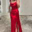 Elegant V-neck Mermaid Side Slit Sage Satin Bridesmaid Dresses with Trailing, BG575