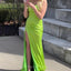 Elegant Spaghetti Straps V-neck Mermaid Side Slit Lime Green Satin Bridesmaid Dresses Online, BG476