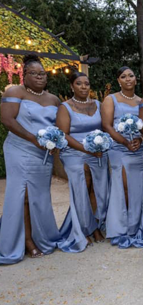 Mismatched Off Shoulder Side Slit Mermaid Dusty Blue Satin Long Bridesmaid Dresses Online, BG740