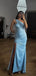 Elegant One Shoulder Mermaid Side Slit Satin Sky Blue Long Bridesmaid Dresses Online, BG812