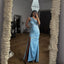 Elegant One Shoulder Mermaid Side Slit Satin Sky Blue Long Bridesmaid Dresses Online, BG812