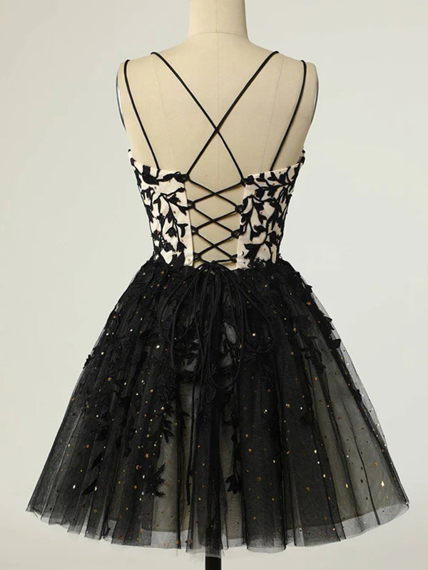 Elegant Spaghetti Straps A-line Tulle Black Short Homecoming Dresses Online, HD0715