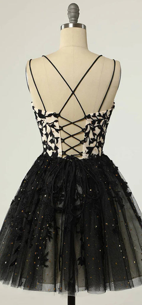 Elegant Spaghetti Straps A-line Tulle Black Short Homecoming Dresses Online, HD0715