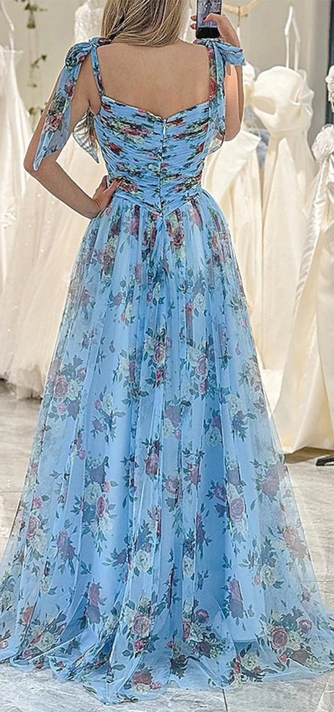 Gorgeous Spaghetti Straps Sleeveless A-line Tulle Blue Long Evening Prom Dress Online, OL201