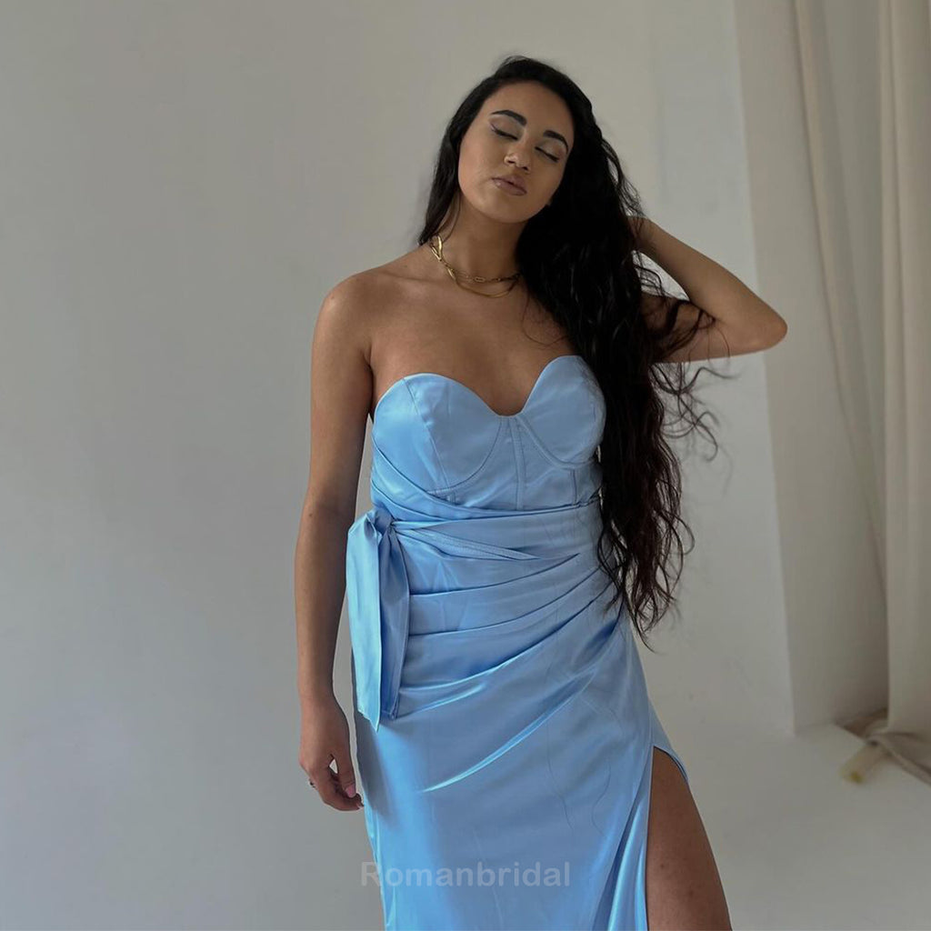 Elegant Sweetheart Mermaid Side Slit Sky-Blue Satin Bridesmaid Dresses Online, BG456