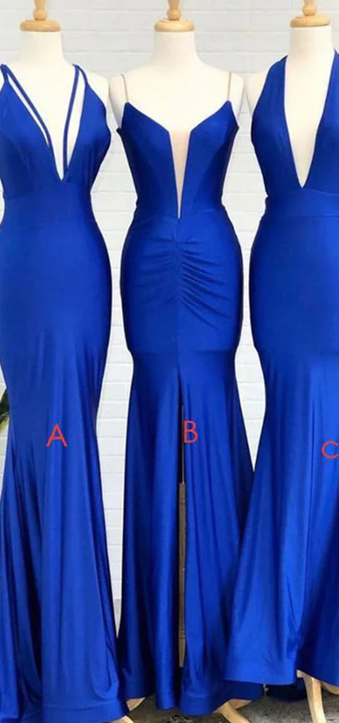 Mismatched Deep V-neck Mermaid Side Slit Royal Blue Satin Long Bridesmaid Dresses Online, BG550