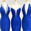 Mismatched Deep V-neck Mermaid Side Slit Royal Blue Satin Long Bridesmaid Dresses Online, BG550