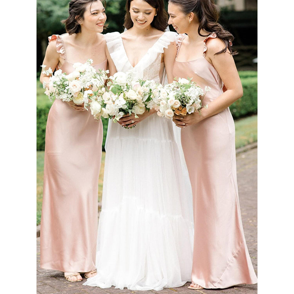 Elegant Spaghetti Straps Column Satin Pearl Pink Bridesmaid Dresses Online, BG789