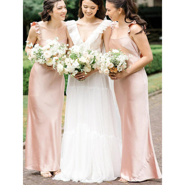 Elegant Spaghetti Straps Column Satin Pearl Pink Bridesmaid Dresses Online, BG789