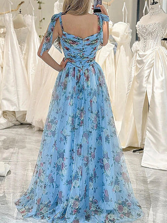 Gorgeous Spaghetti Straps Sleeveless A-line Tulle Blue Long Evening Prom Dress Online, OL201