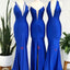 Mismatched Deep V-neck Mermaid Side Slit Royal Blue Satin Long Bridesmaid Dresses Online, BG550