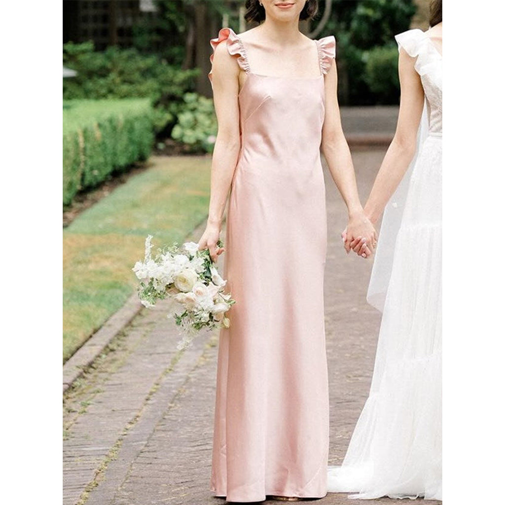 Elegant Spaghetti Straps Column Satin Pearl Pink Bridesmaid Dresses Online, BG789