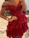 Elegant Off Shoulder A-line Tulle Applique Red Short Homecoming Dresses Online, HD0658