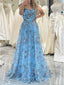 Gorgeous Spaghetti Straps Sleeveless A-line Tulle Blue Long Evening Prom Dress Online, OL201