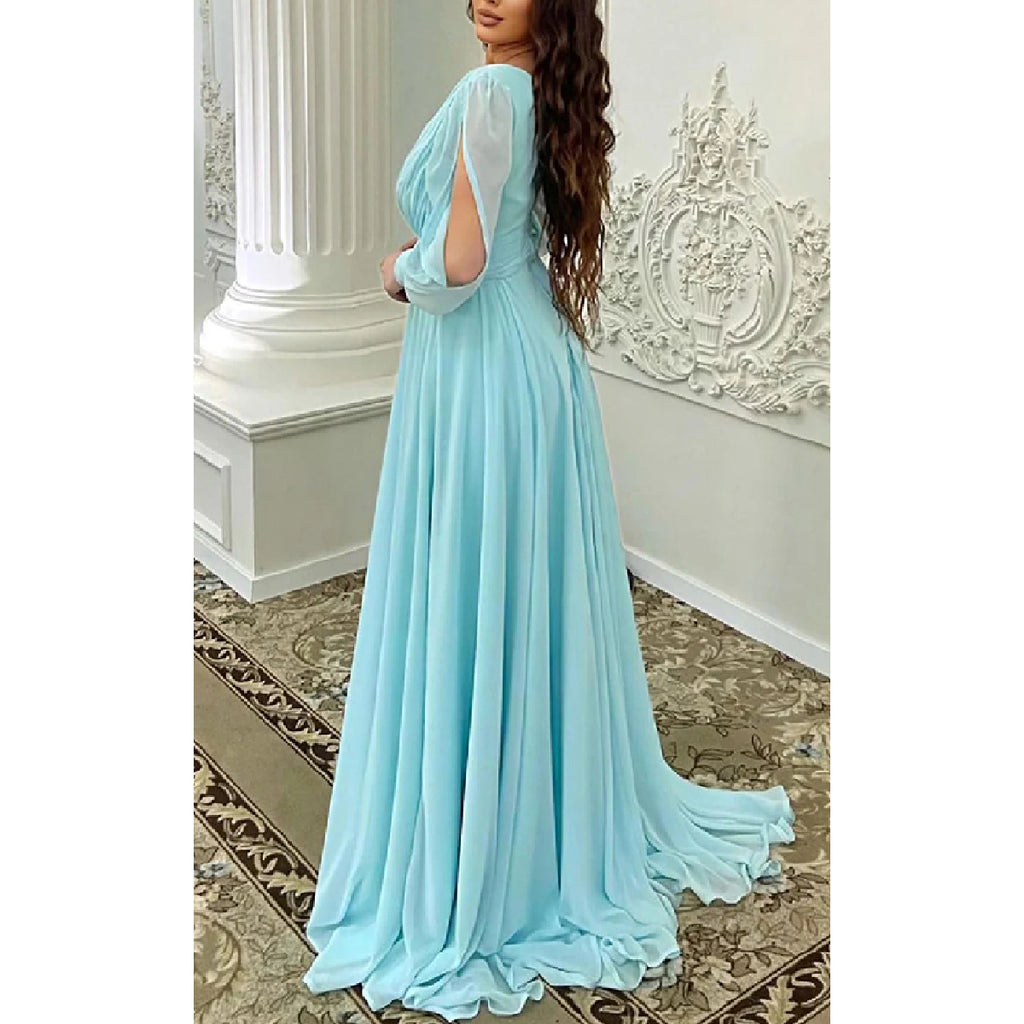Elegant Chiffon Deep V-neck Long Sleeves Side Slit Long Bridesmaid Dresses Online, BG617