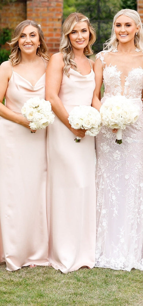 Simple Spaghetti Straps Column Peach Satin Bridesmaid Dresses Online, BG785