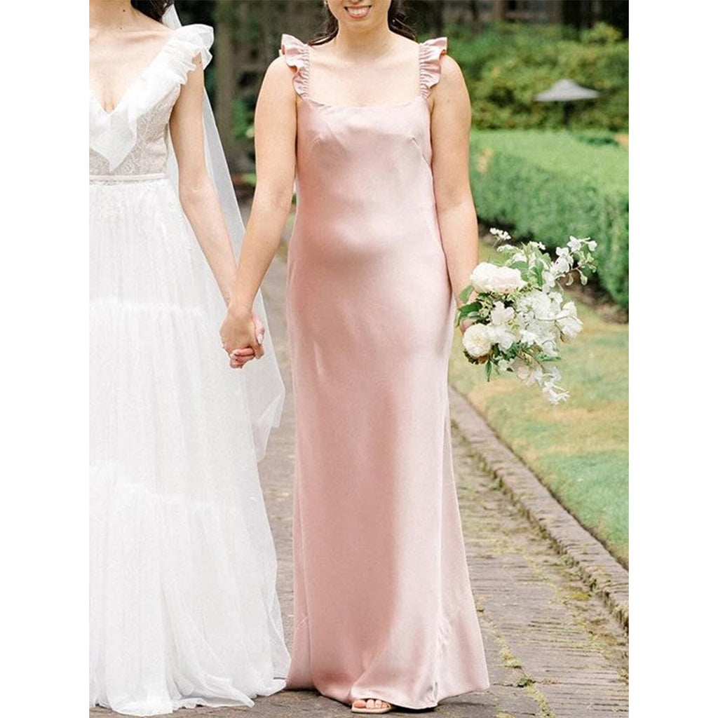 Elegant Spaghetti Straps Column Satin Pearl Pink Bridesmaid Dresses Online, BG789