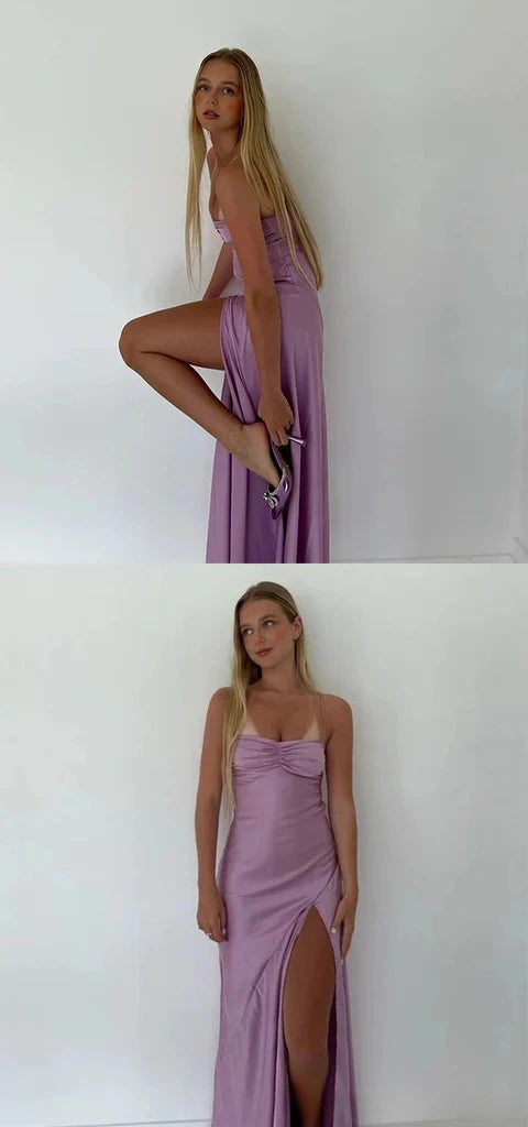 Simple Spaghetti Straps Mermaid Side Slit Lilac Long Evening Prom Dress Online, OL162