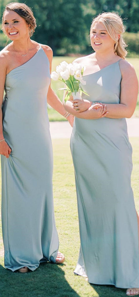 Simple Spaghetti Strap Column Side Slit Satin Bridesmaid Dresses Online, BG786