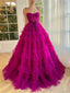 Elegant Spaghetti Straps A-line Tulle Fuchsia Long Prom Dress Online, OL250