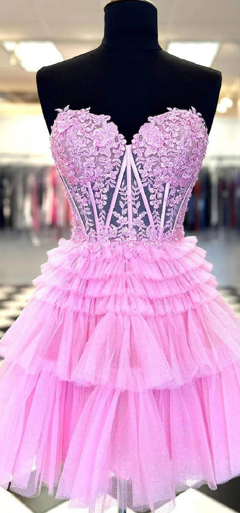 Elegant Sweetheart A-line Tulle Applique Pink Short Homecoming Dresses Online, HD0657