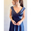 Elegant V-neck Side Slit A-line Satin Dark Navy Bridesmaid Dresses Online, BG788