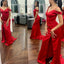 Elegant Cold Shoulder Side Slit V-neck Mermaid Satin Red Long Bridesmaid Dresses Online, BG749