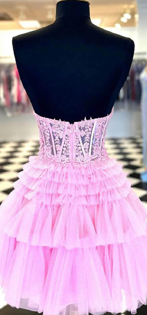 Elegant Sweetheart A-line Tulle Applique Pink Short Homecoming Dresses Online, HD0657