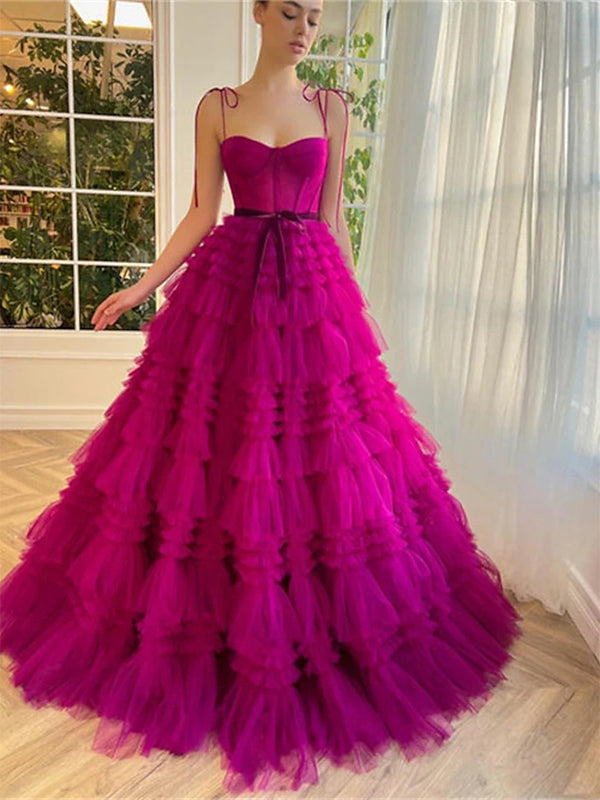 Elegant Spaghetti Straps A-line Tulle Fuchsia Long Prom Dress Online, OL250