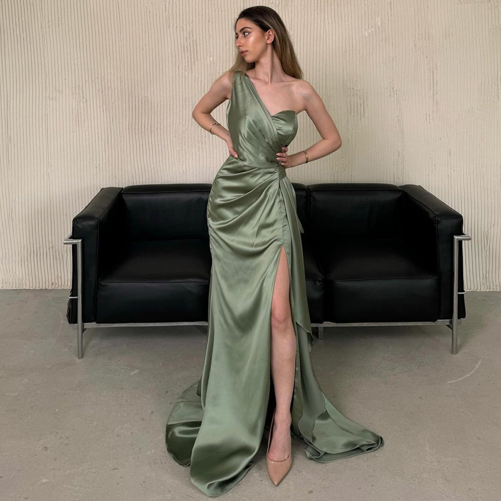 Elegant One Shoulder Mermaid Side Slit Satin Dusty Sage Long Bridesmaid Dresses Online, BG820