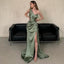 Elegant One Shoulder Mermaid Side Slit Satin Dusty Sage Long Bridesmaid Dresses Online, BG820