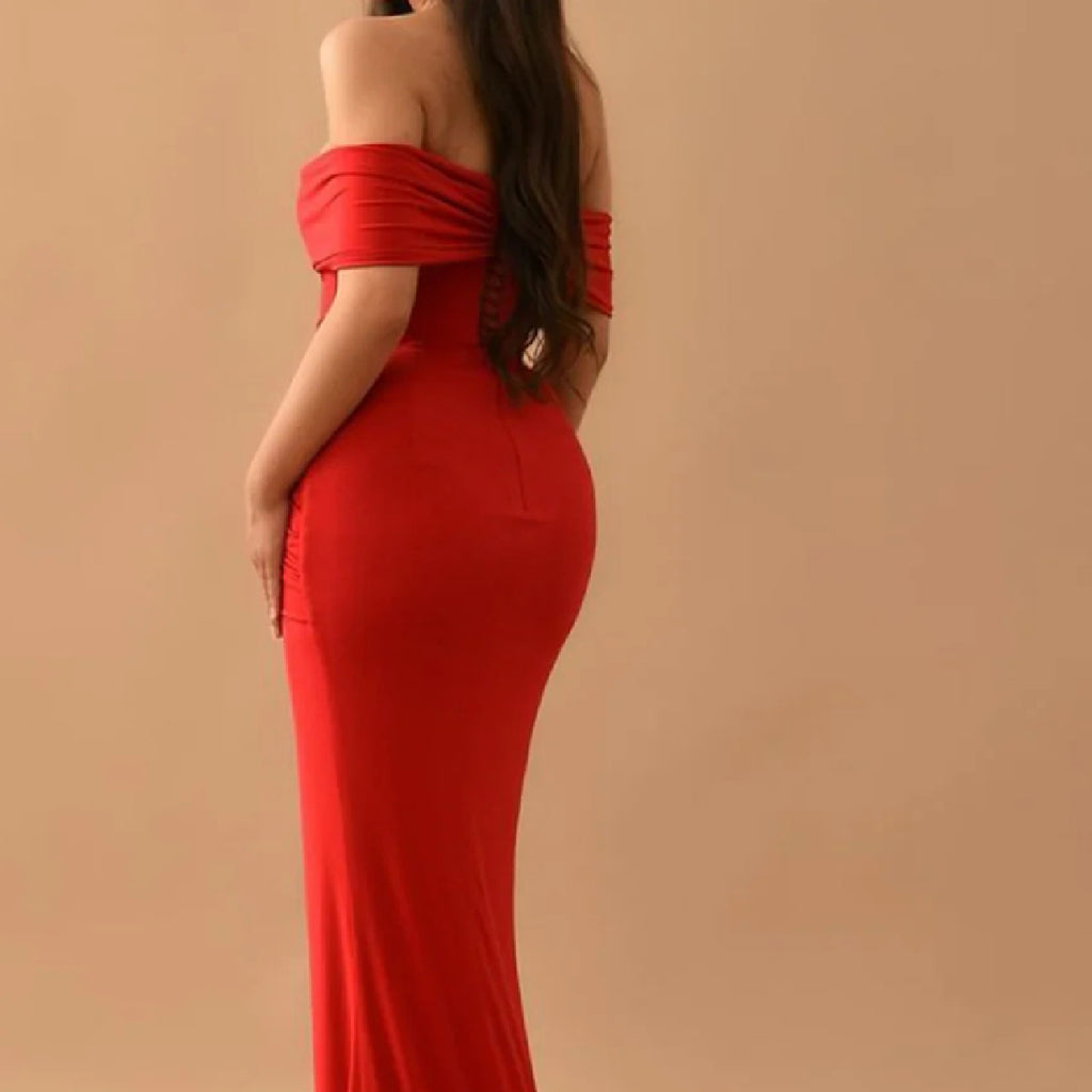 Elegant Off Shoulder Side Slit Red Jersey Bridesmaid Dresses Online, BG577