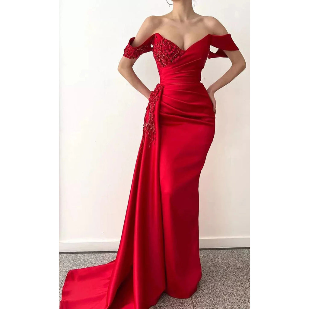 Elegant Off Shoulder V-neck Mermaid Satin Red Long Bridesmaid Dresses with Trailing , BG662