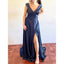 Elegant V-neck Side Slit A-line Satin Dark Navy Bridesmaid Dresses Online, BG788