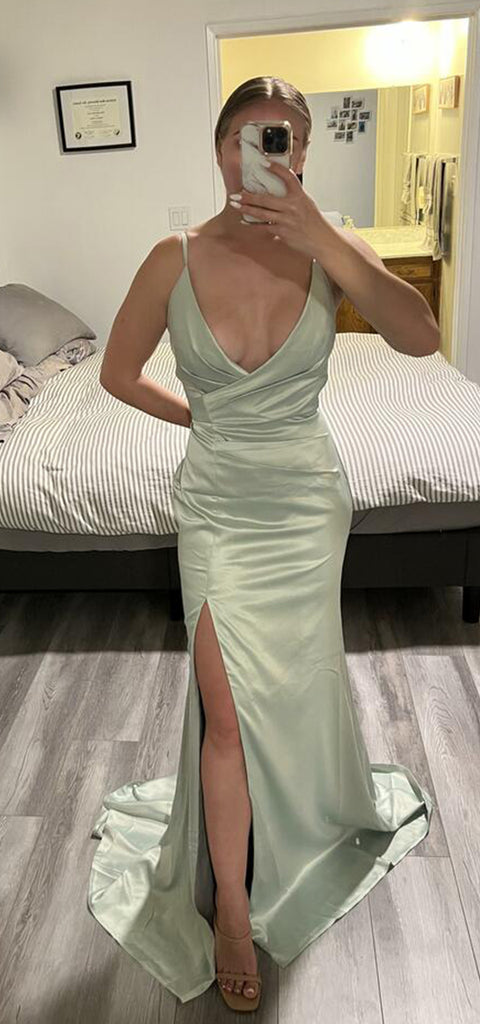 Elegant Spaghetti Straps Side Slit Mermaid Sage Satin Long Bridesmaid Dresses Online, BG746