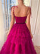 Elegant Spaghetti Straps A-line Tulle Fuchsia Long Prom Dress Online, OL250