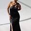 Elegant One Shoulder Mermaid Side Slit Black Side Slit Bridesmaid Dresses Online, BG426