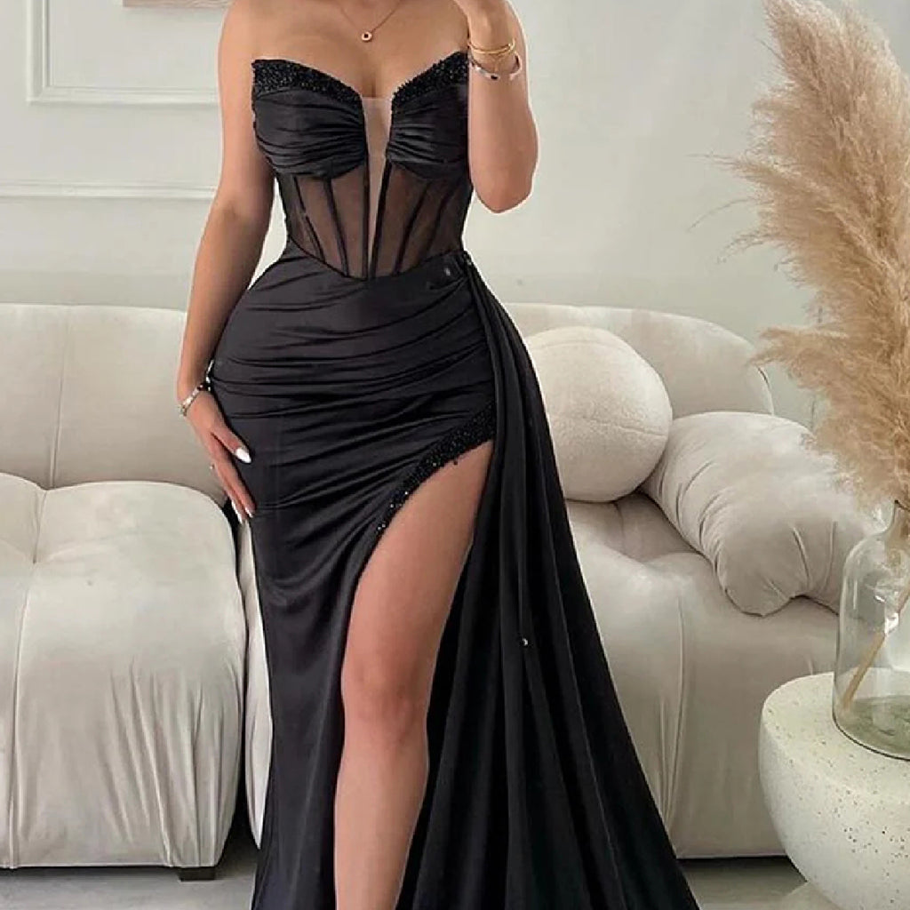 Sexy Beading V-neck Mermaid Side Slit Bridesmaid Dresses with Trailing, BG578