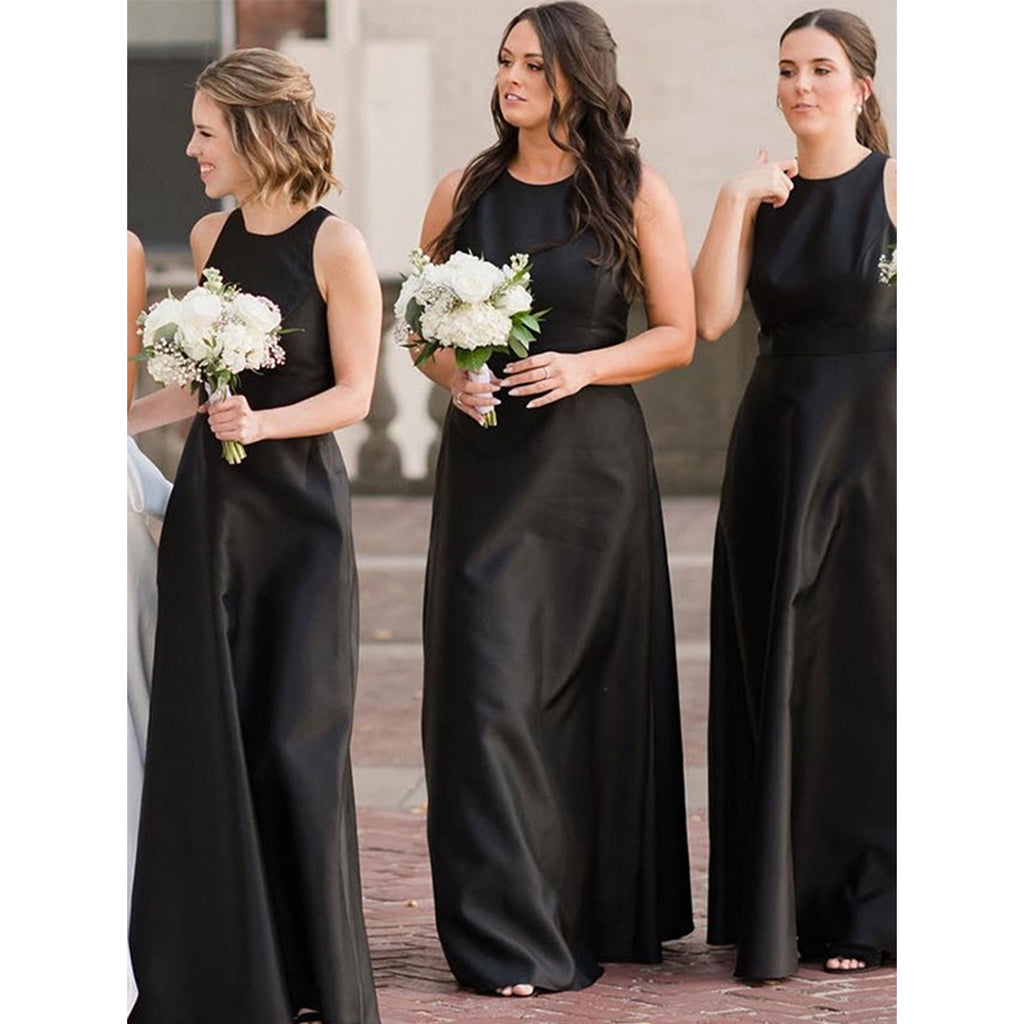 Elegant Halter A-line Sleeveless Satin Black Bridesmaid Dresses Online, BG787